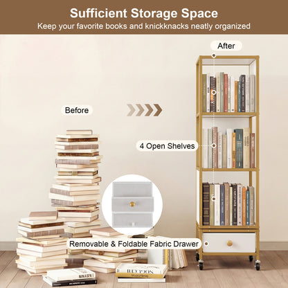 4-Tier Rotating Bookshelf on Wheels with Removable Drawer