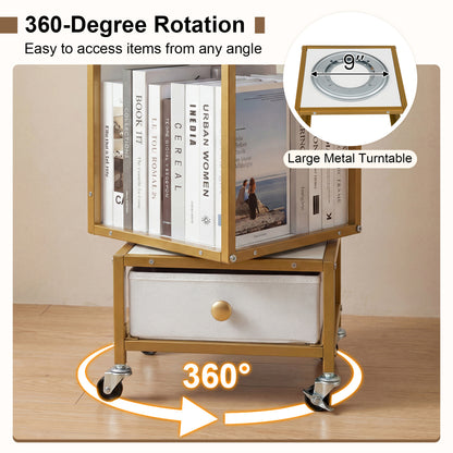 4-Tier Rotating Bookshelf on Wheels with Removable Drawer