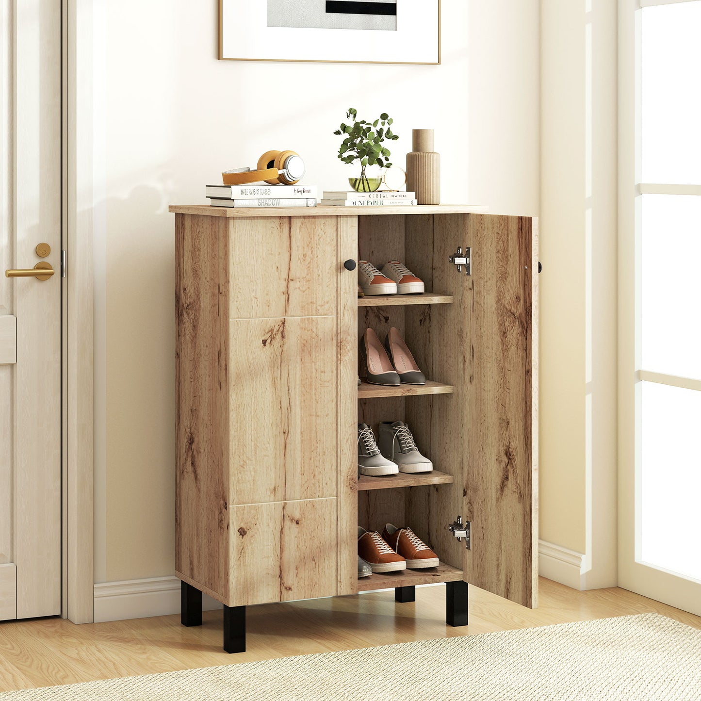 4-Tier Shoe Organizer with Removable Shelves and 2 Doors-Natural
