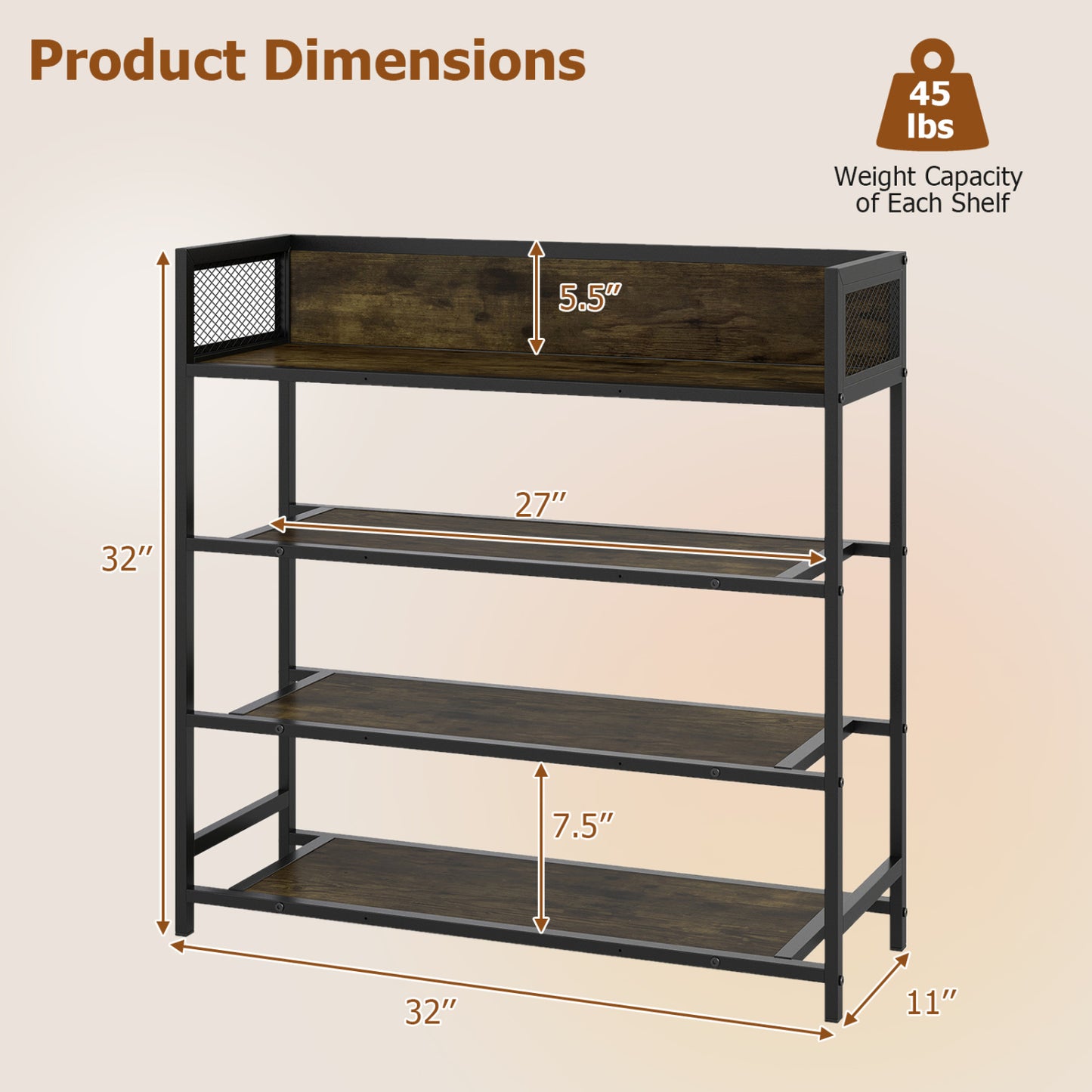 4-Tier Shoe Rack Industrial Shoe Organizer with Heavy Duty Metal Frame