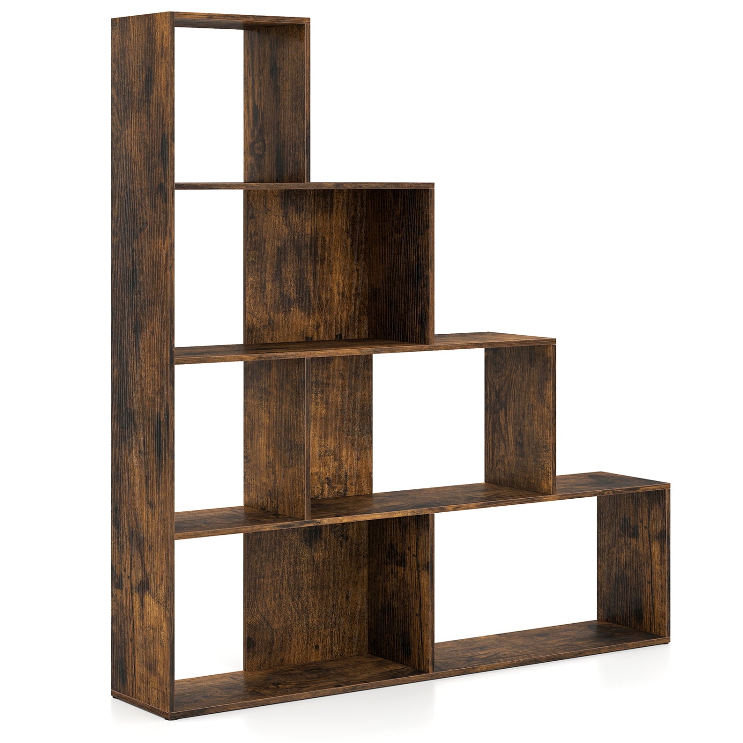 4-Tier Stepped Bookshelf Freestanding Ladder Storage Shelf with 6 Cubes-Rustic Brown - Rustic Brown