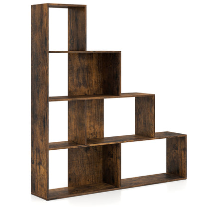 4-Tier Stepped Bookshelf Freestanding Ladder Storage Shelf with 6 Cubes-Rustic Brown - Rustic Brown