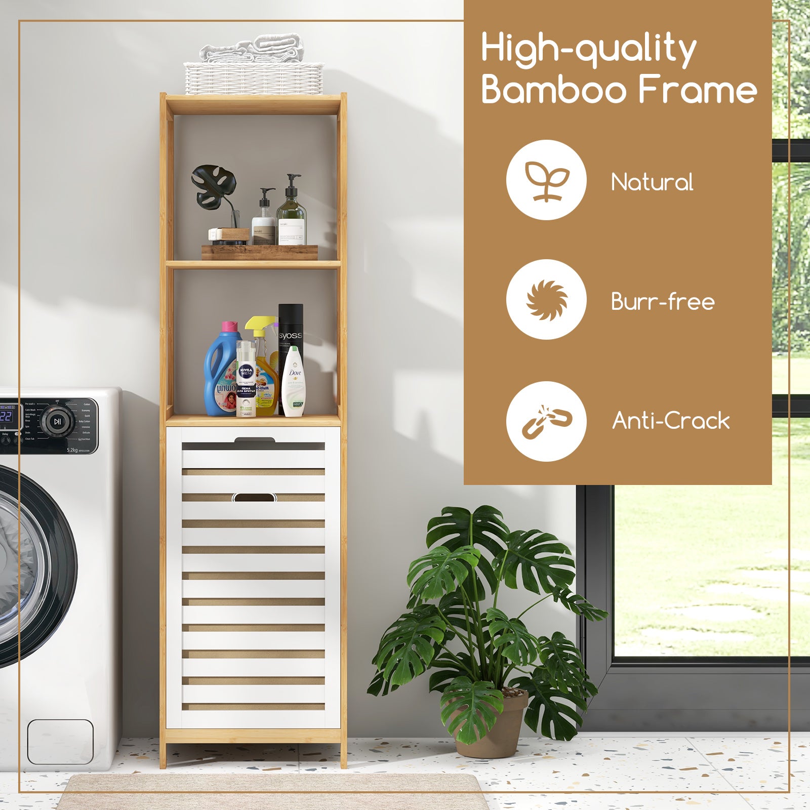 3-Tier Tilt-Out Laundry Hamper with Storage Shelves for Laundry Room-Natural and White