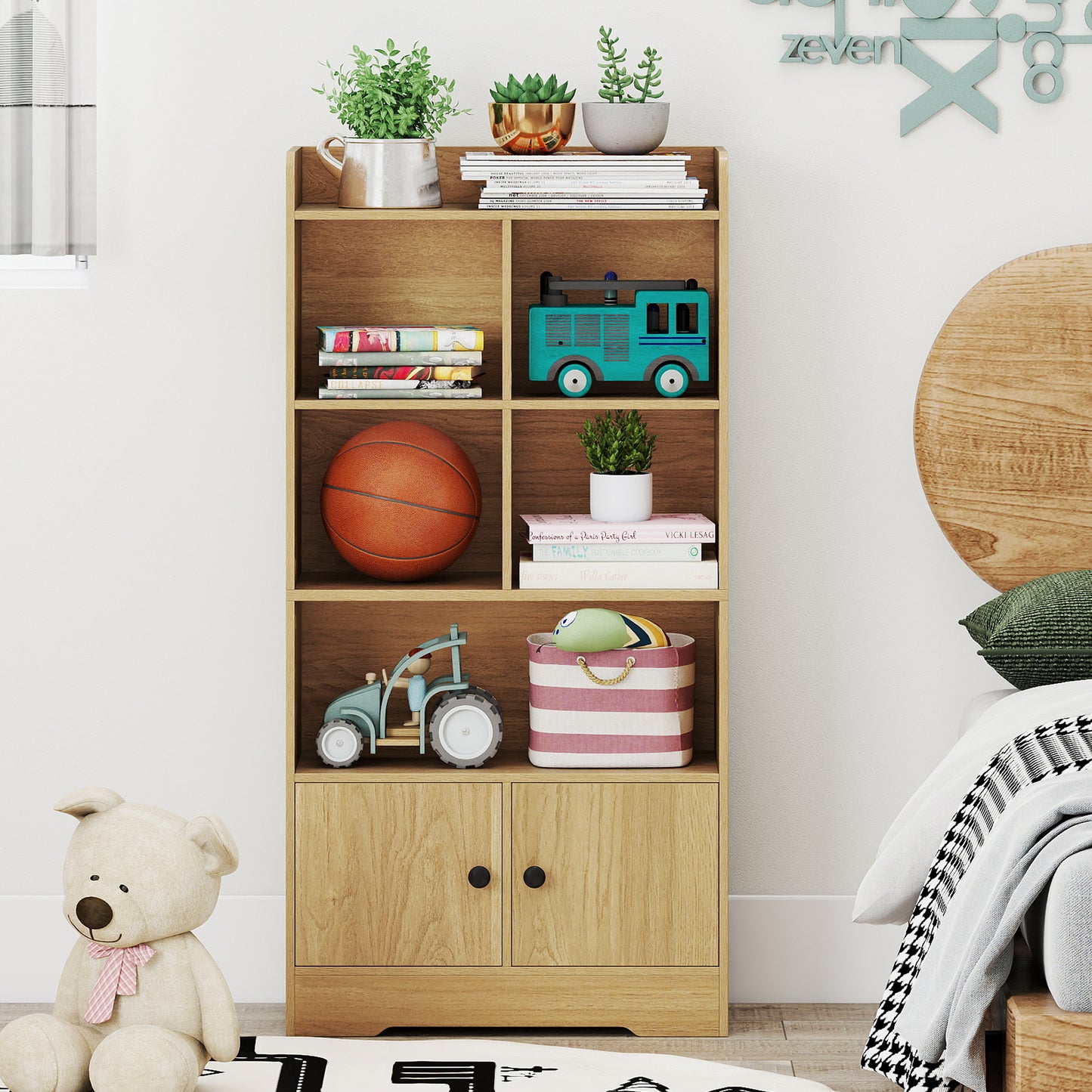 4 Tiers Bookshelf with 4 Cubes Display Shelf and 2 Doors-Natural