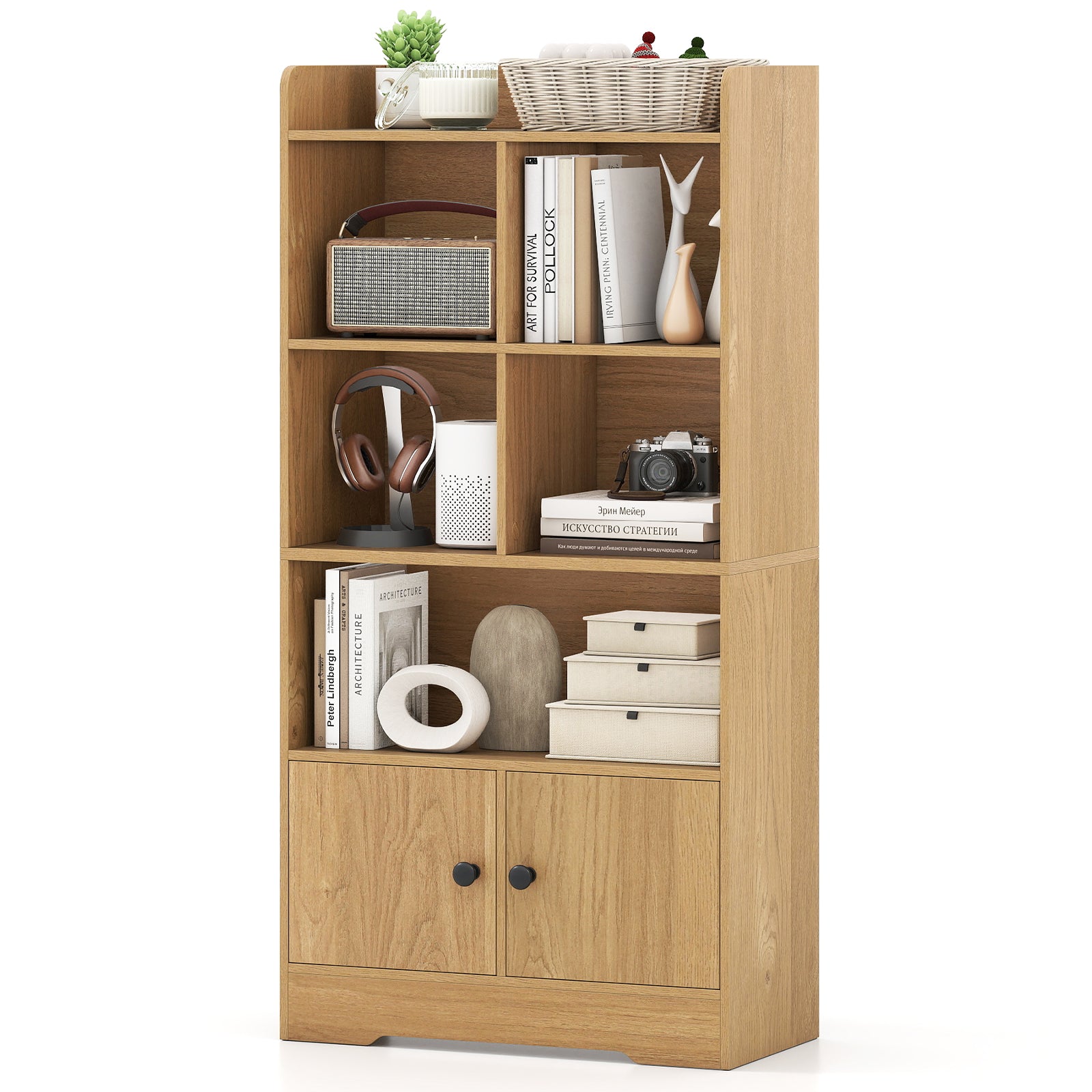 4 Tiers Bookshelf with 4 Cubes Display Shelf and 2 Doors-Natural