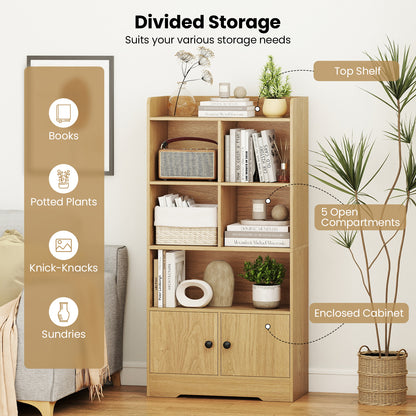 4 Tiers Bookshelf with 4 Cubes Display Shelf and 2 Doors-Natural