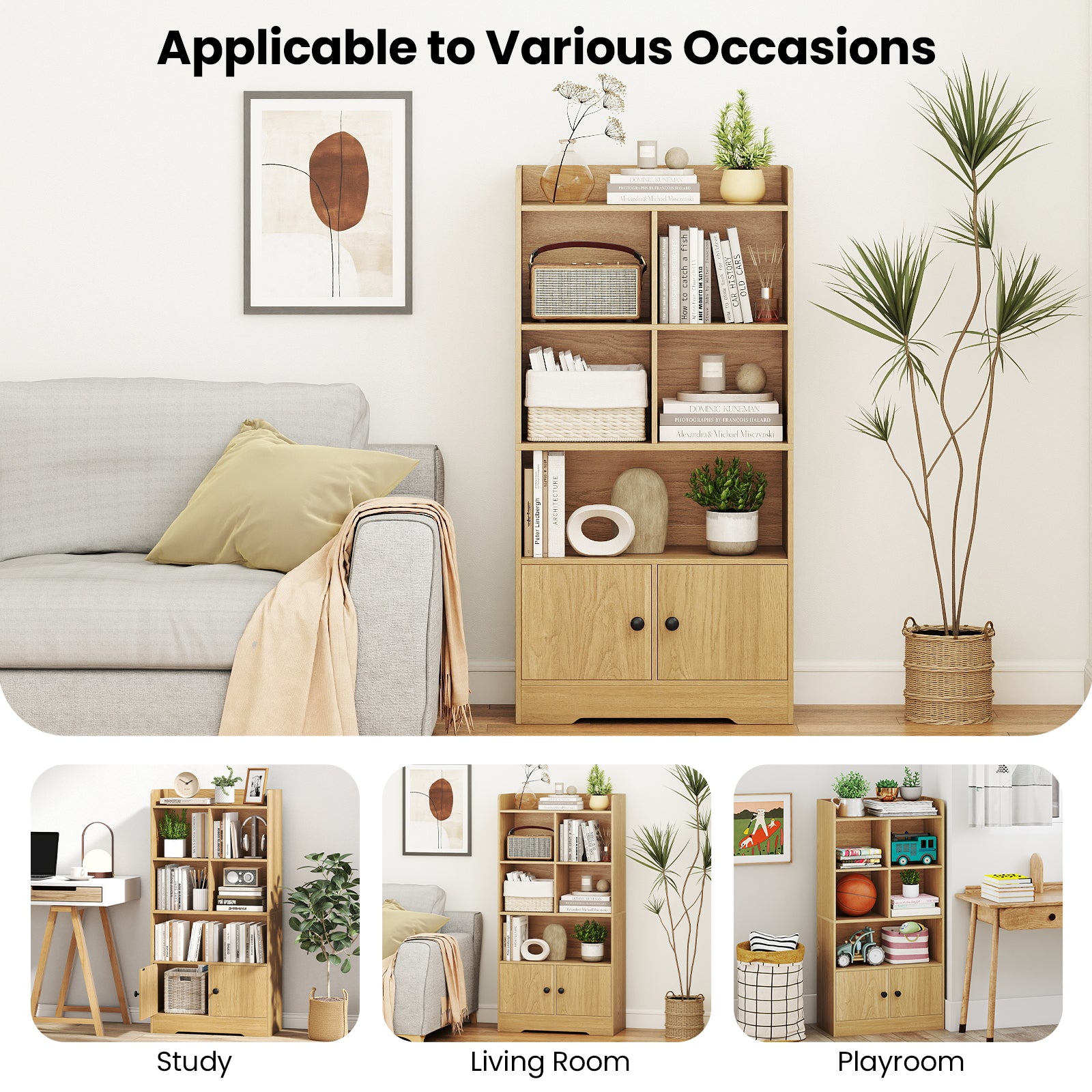 4 Tiers Bookshelf with 4 Cubes Display Shelf and 2 Doors-Natural