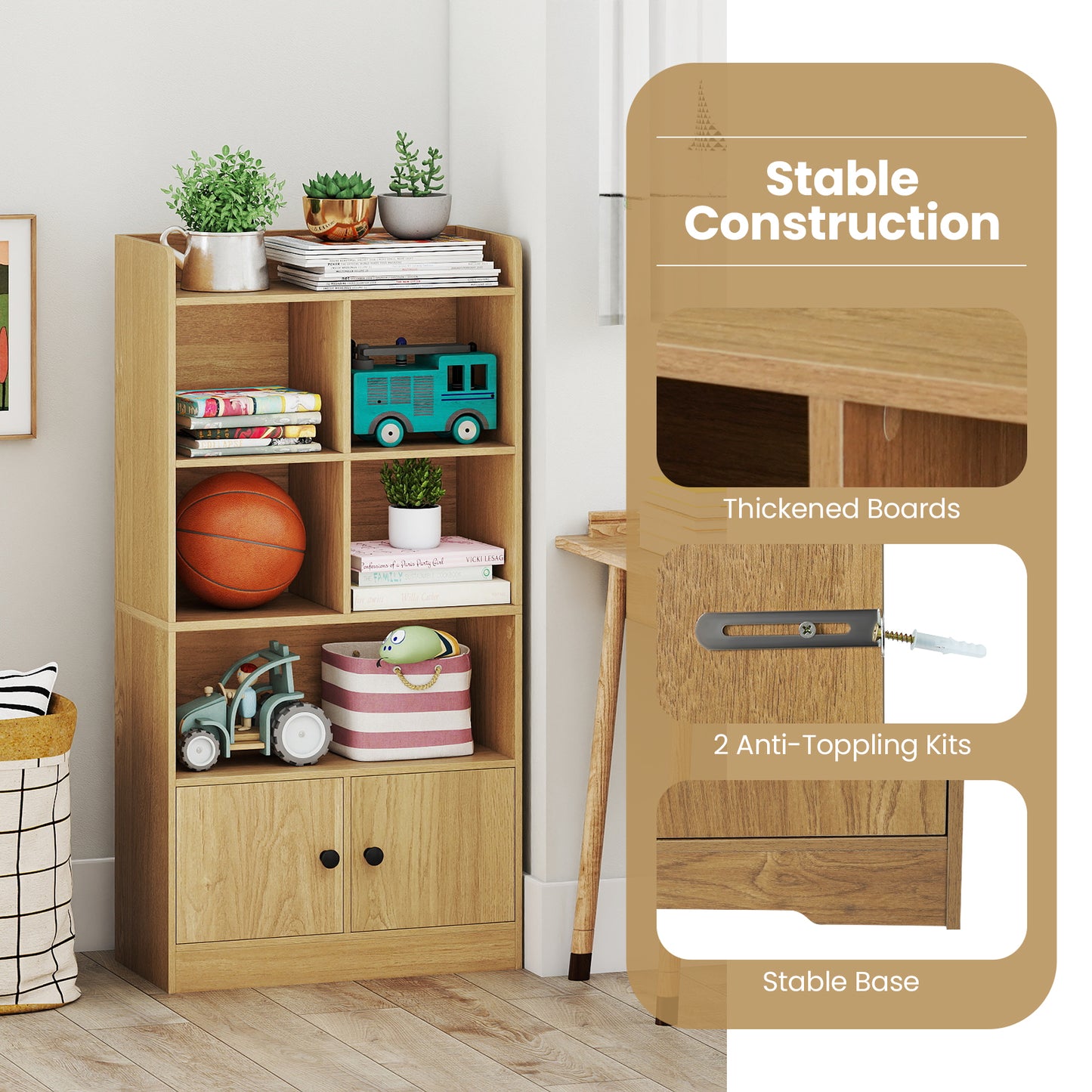 4 Tiers Bookshelf with 4 Cubes Display Shelf and 2 Doors-Natural
