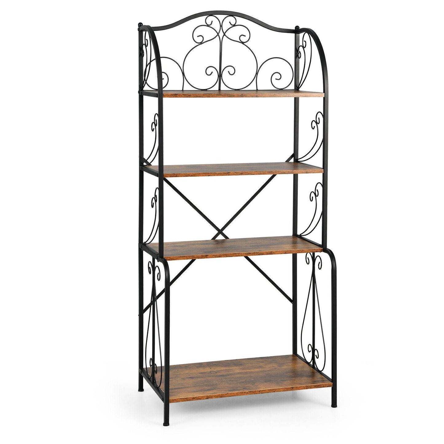 4-Tier Industrial Kitchen Baker's Rack with Open Shelves and X-Bar-Rustic Brown