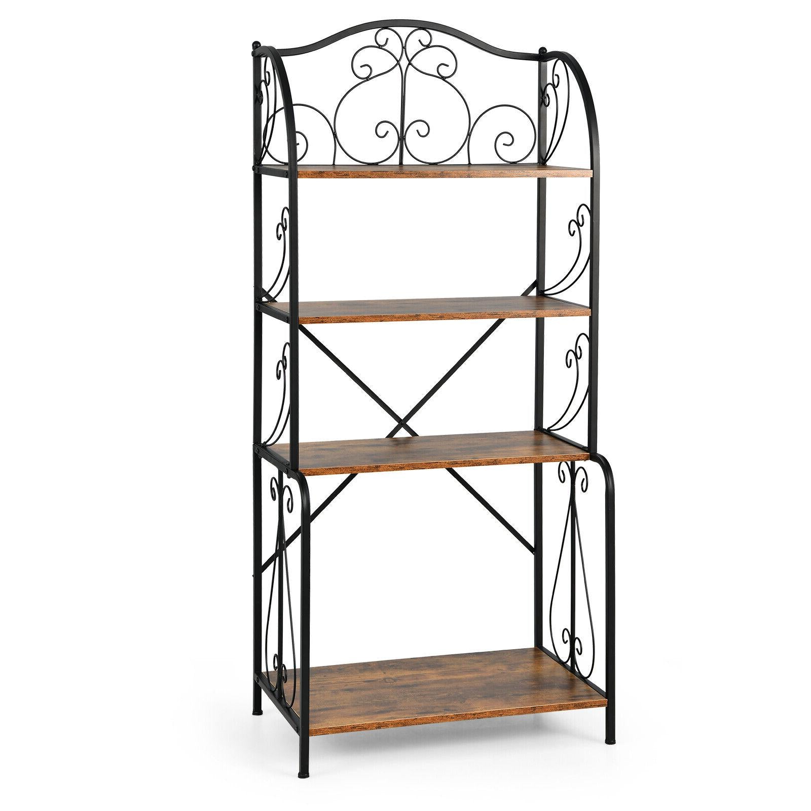 4-Tier Industrial Kitchen Baker's Rack with Open Shelves and X-Bar-Rustic Brown