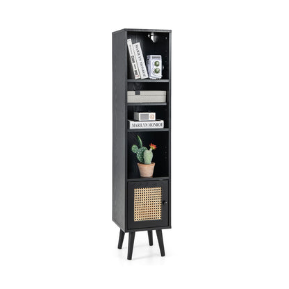 4 Tiers Rattan Storage Cabinet with Slim Design-White - Black