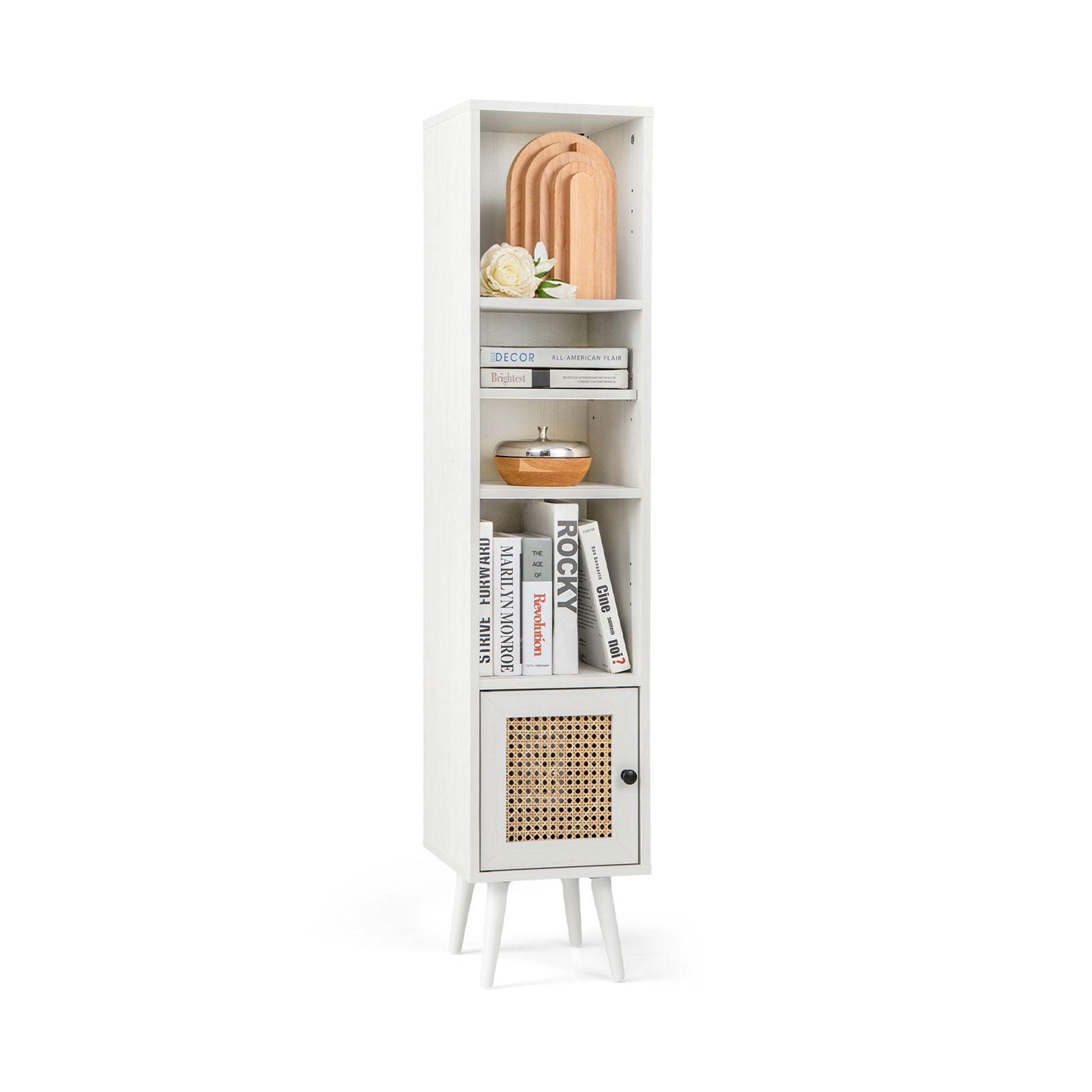 4 Tiers Rattan Storage Cabinet with Slim Design-White - White