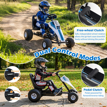 4-Wheel Ride On Toy Pedal Go Kart for Kids with Steering Wheel and Safe Handbrake-White