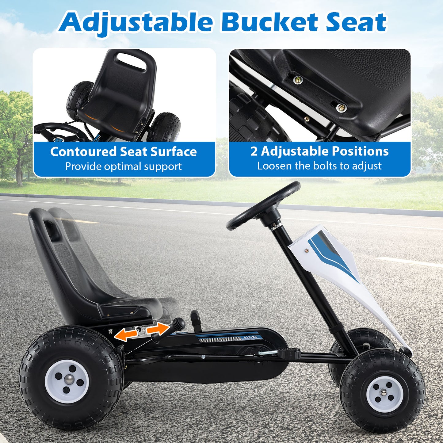 4-Wheel Ride On Toy Pedal Go Kart for Kids with Steering Wheel and Safe Handbrake-White