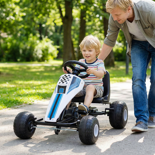 4-Wheel Ride On Toy Pedal Go Kart for Kids with Steering Wheel and Safe Handbrake-White