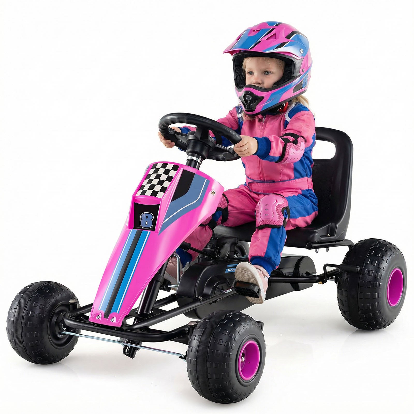 4-Wheel Ride On Toy Pedal Go Kart for Kids with Steering Wheel and Safe Handbrake-Pink