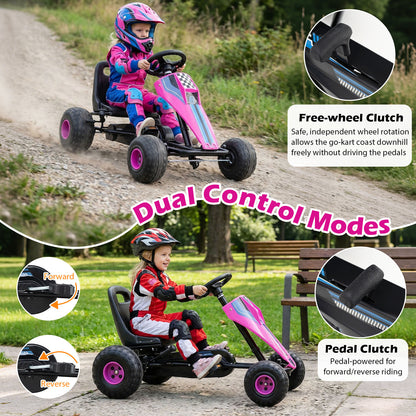 4-Wheel Ride On Toy Pedal Go Kart for Kids with Steering Wheel and Safe Handbrake-Pink