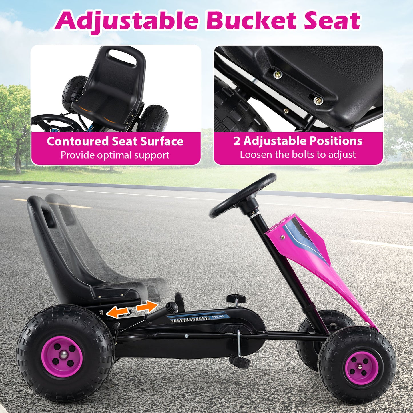 4-Wheel Ride On Toy Pedal Go Kart for Kids with Steering Wheel and Safe Handbrake-Pink