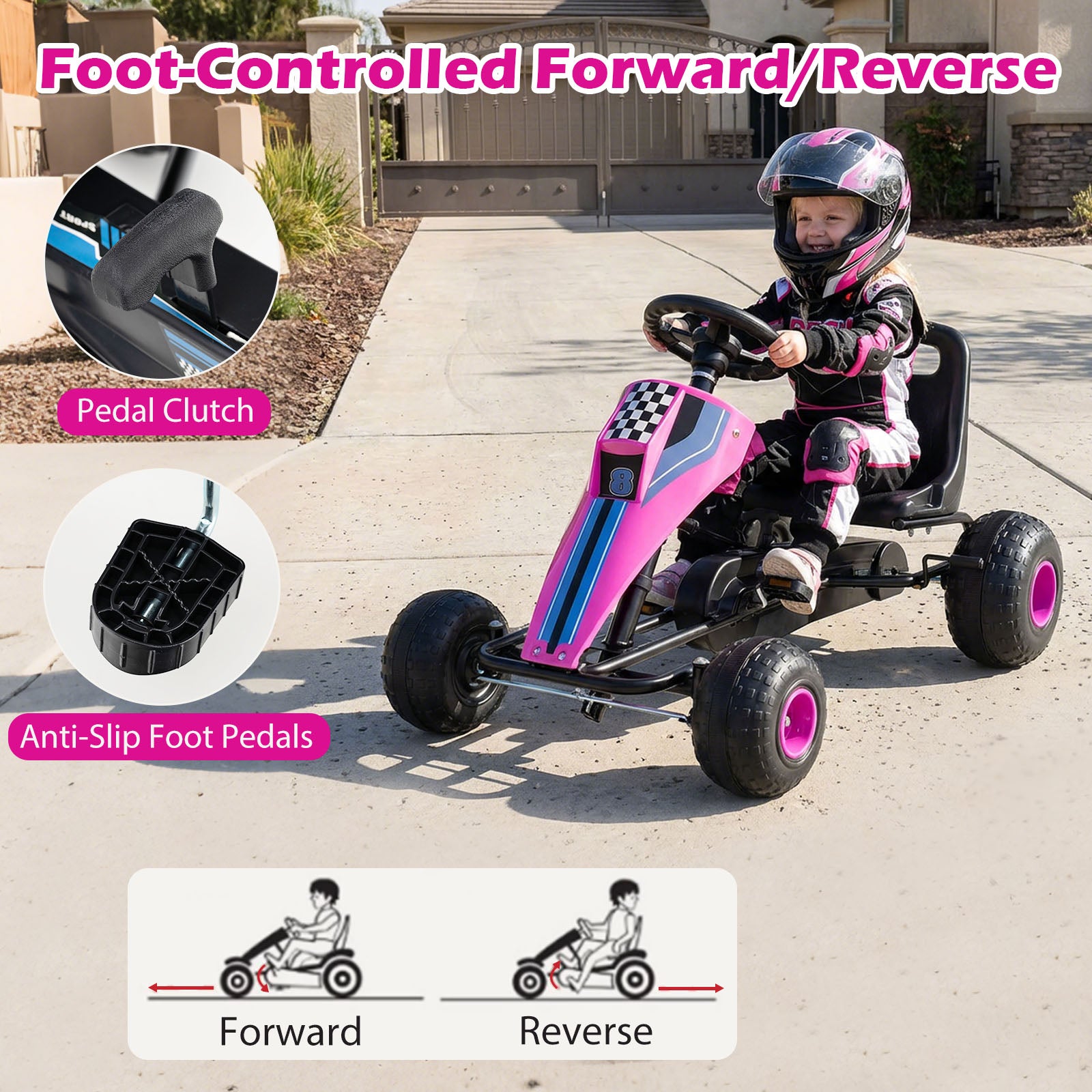 4-Wheel Ride On Toy Pedal Go Kart for Kids with Steering Wheel and Safe Handbrake-Pink