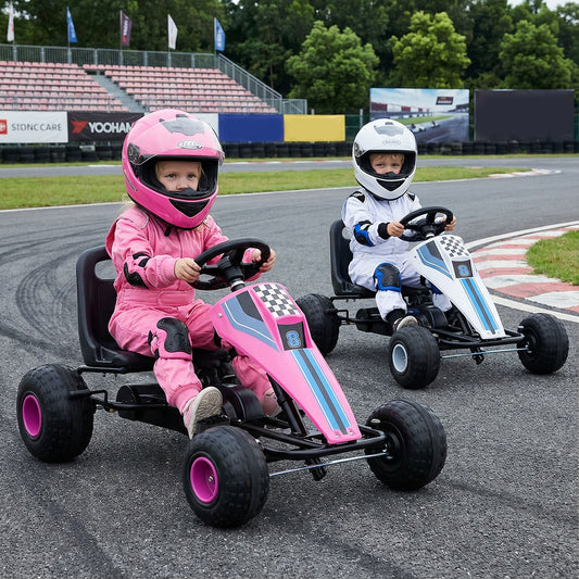 4-Wheel Ride On Toy Pedal Go Kart for Kids with Steering Wheel and Safe Handbrake-Pink