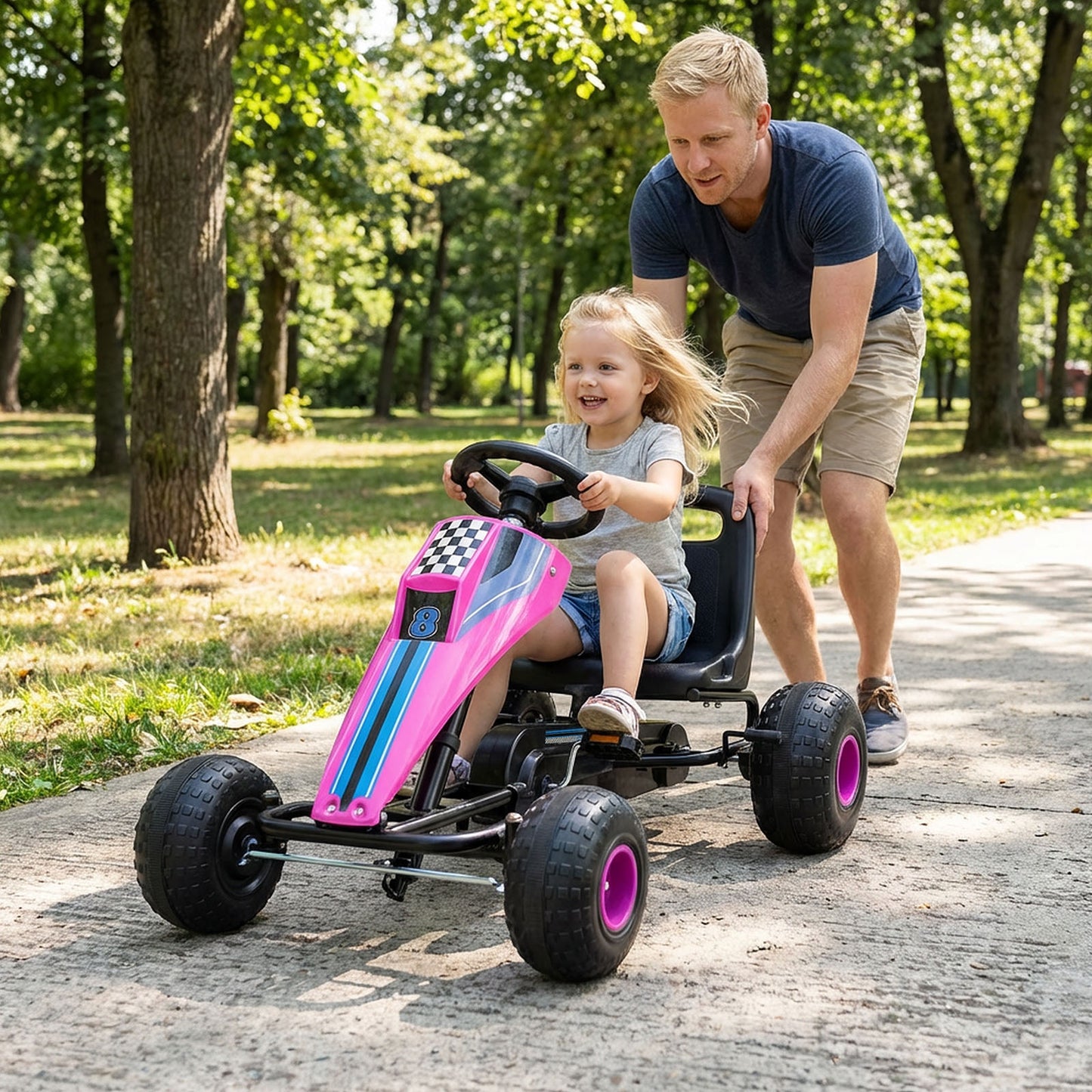 4-Wheel Ride On Toy Pedal Go Kart for Kids with Steering Wheel and Safe Handbrake-Pink