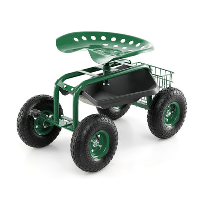4-Wheel Rolling Garden Cart Work Seat-Green - Green