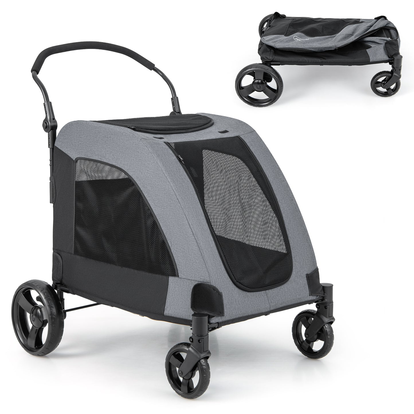 4 Wheels Extra Large Dog Stroller Foldable Pet Stroller with Dual Entry-Blue - Gray