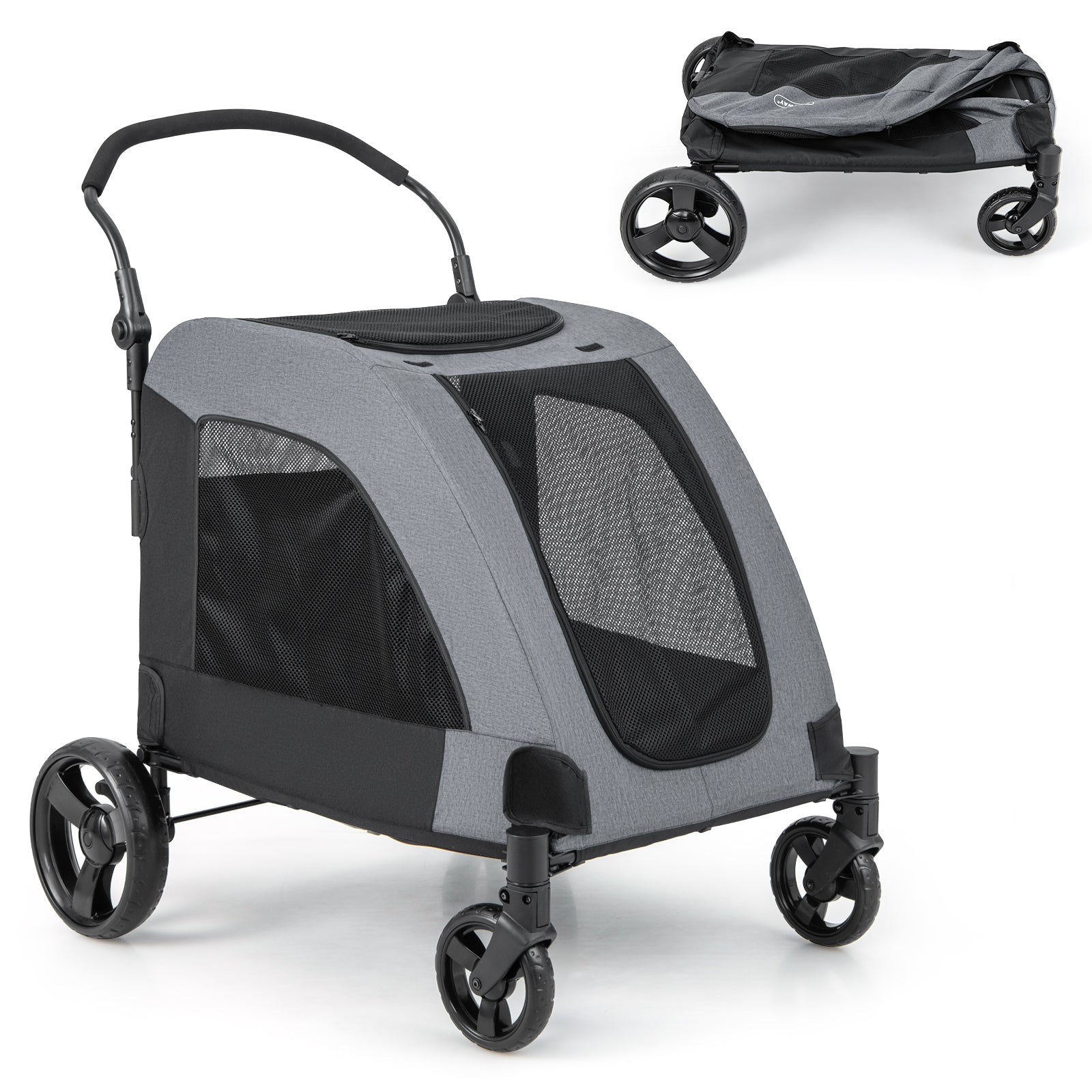 4 Wheels Extra Large Dog Stroller Foldable Pet Stroller with Dual Entry-Blue - Gray