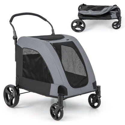 4 Wheels Extra Large Dog Stroller Foldable Pet Stroller with Dual Entry-Blue - Gray