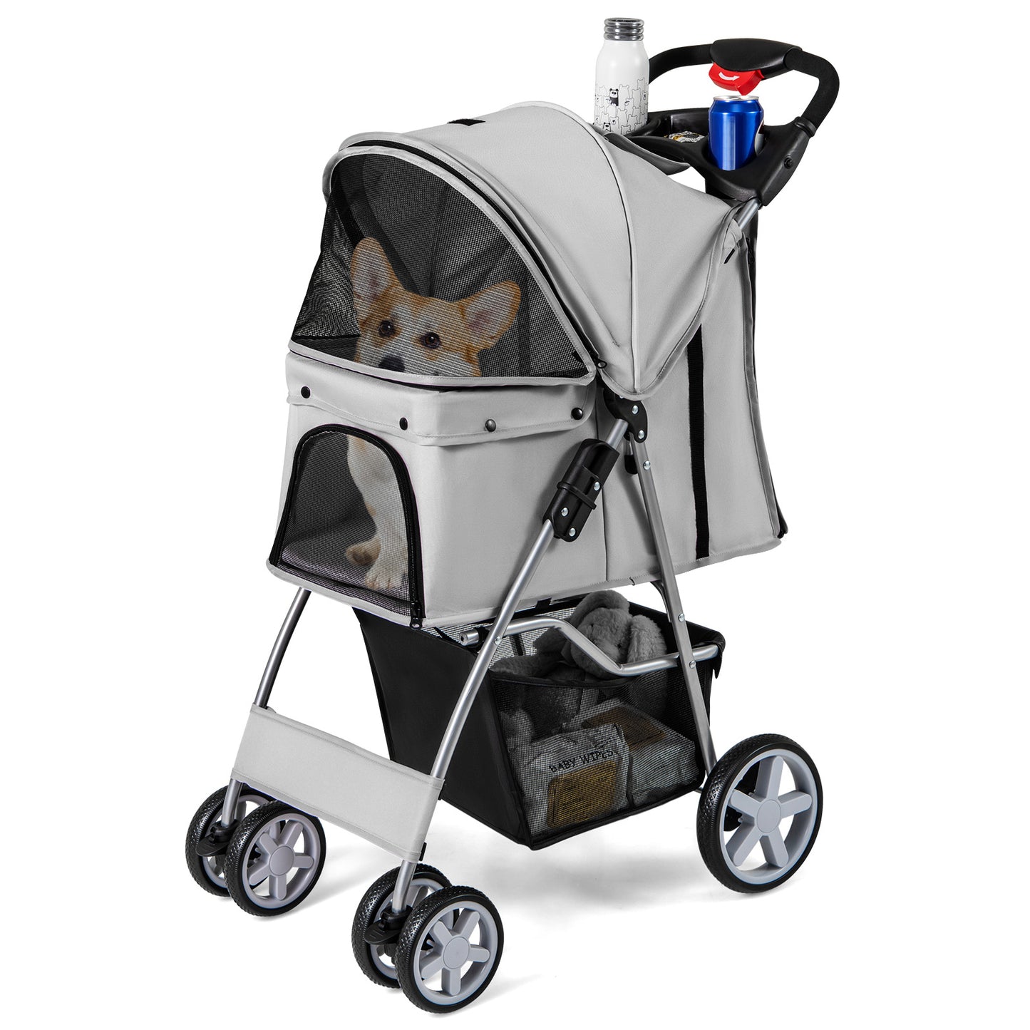 Folding Pet Stroller with Storage Basket and Adjustable Canopy-Beige - Gray