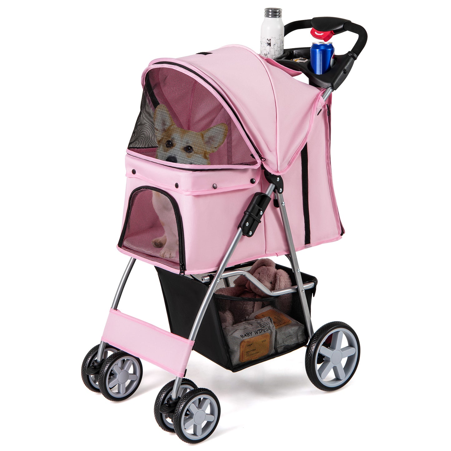 Folding Pet Stroller with Storage Basket and Adjustable Canopy-Beige - Pink
