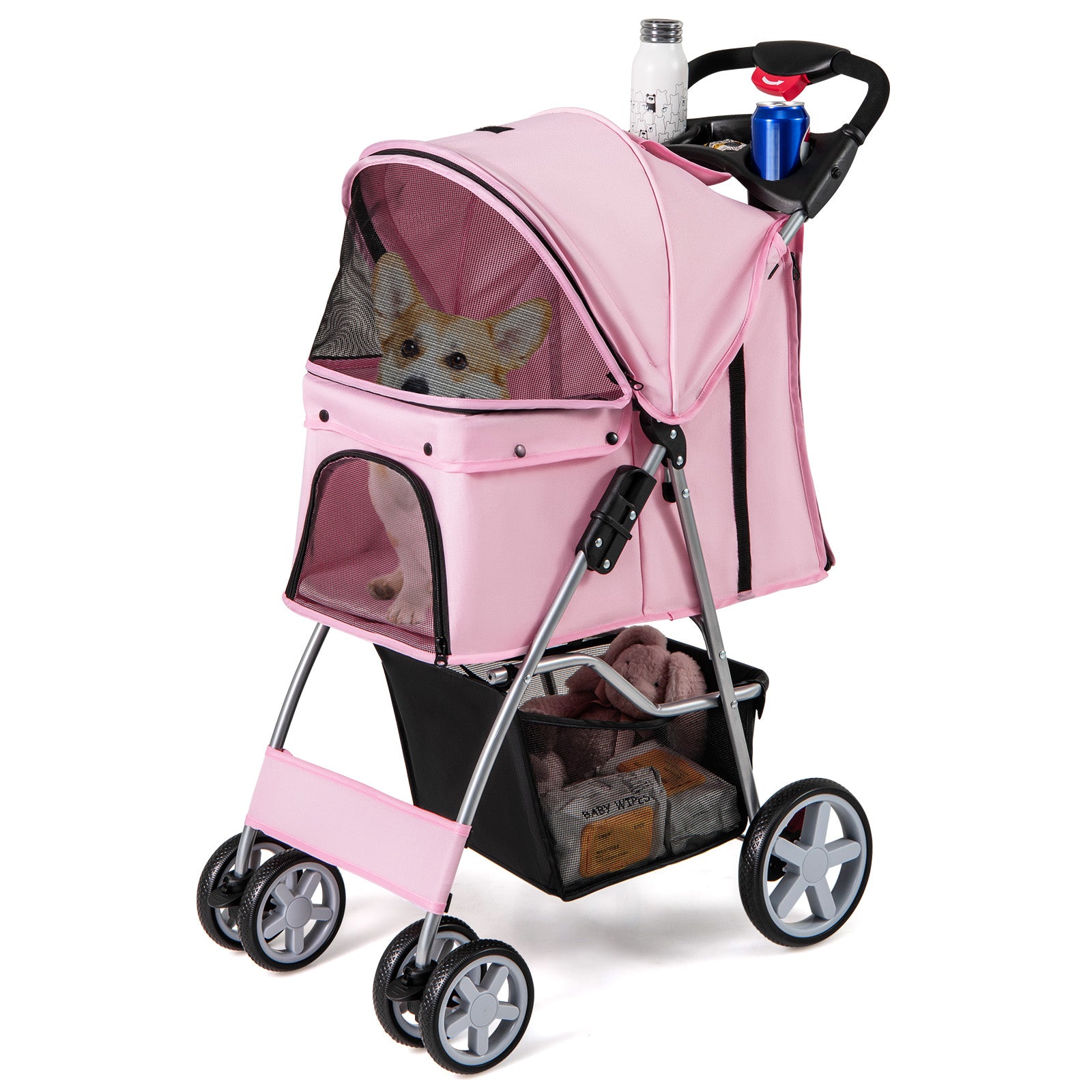 Folding Pet Stroller with Storage Basket and Adjustable Canopy-Beige - Pink