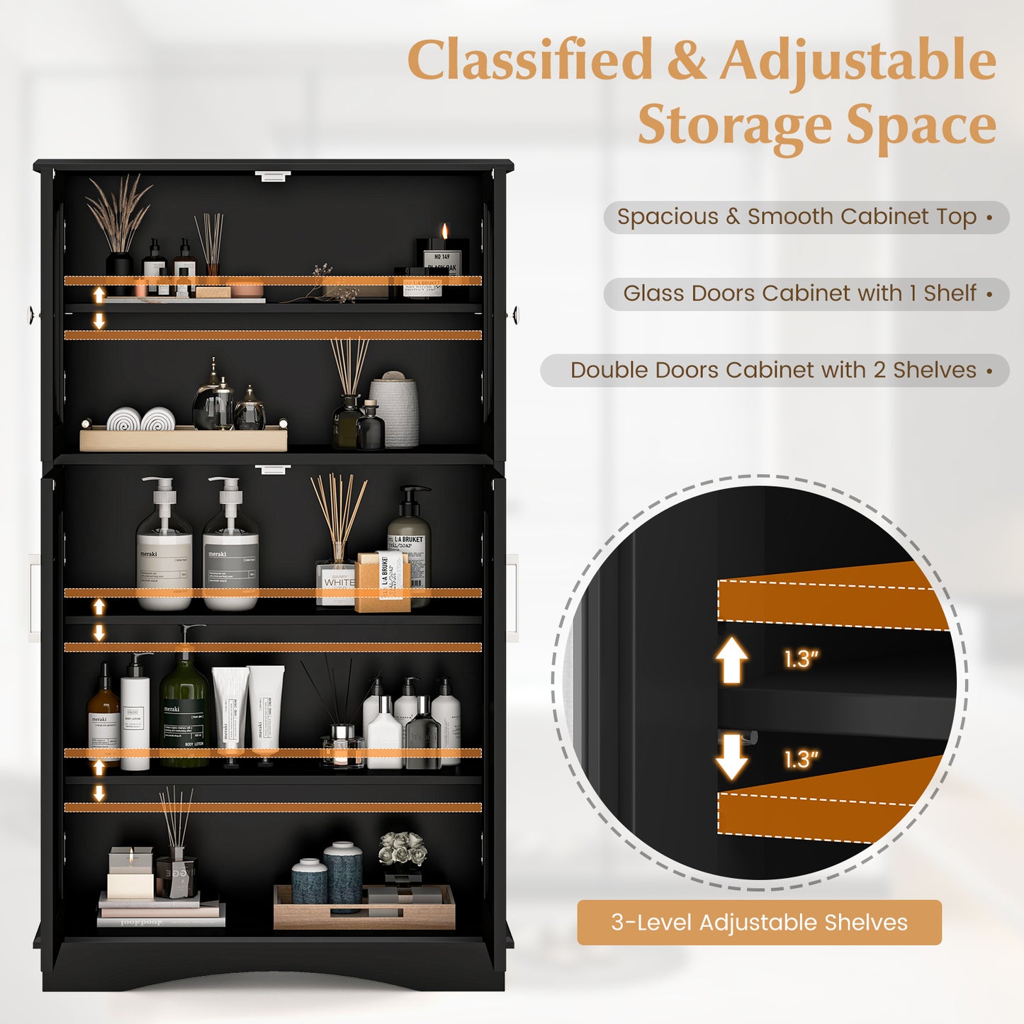 4 Doors Freeestanding Bathroom Floor Cabinet with Adjustable Shelves