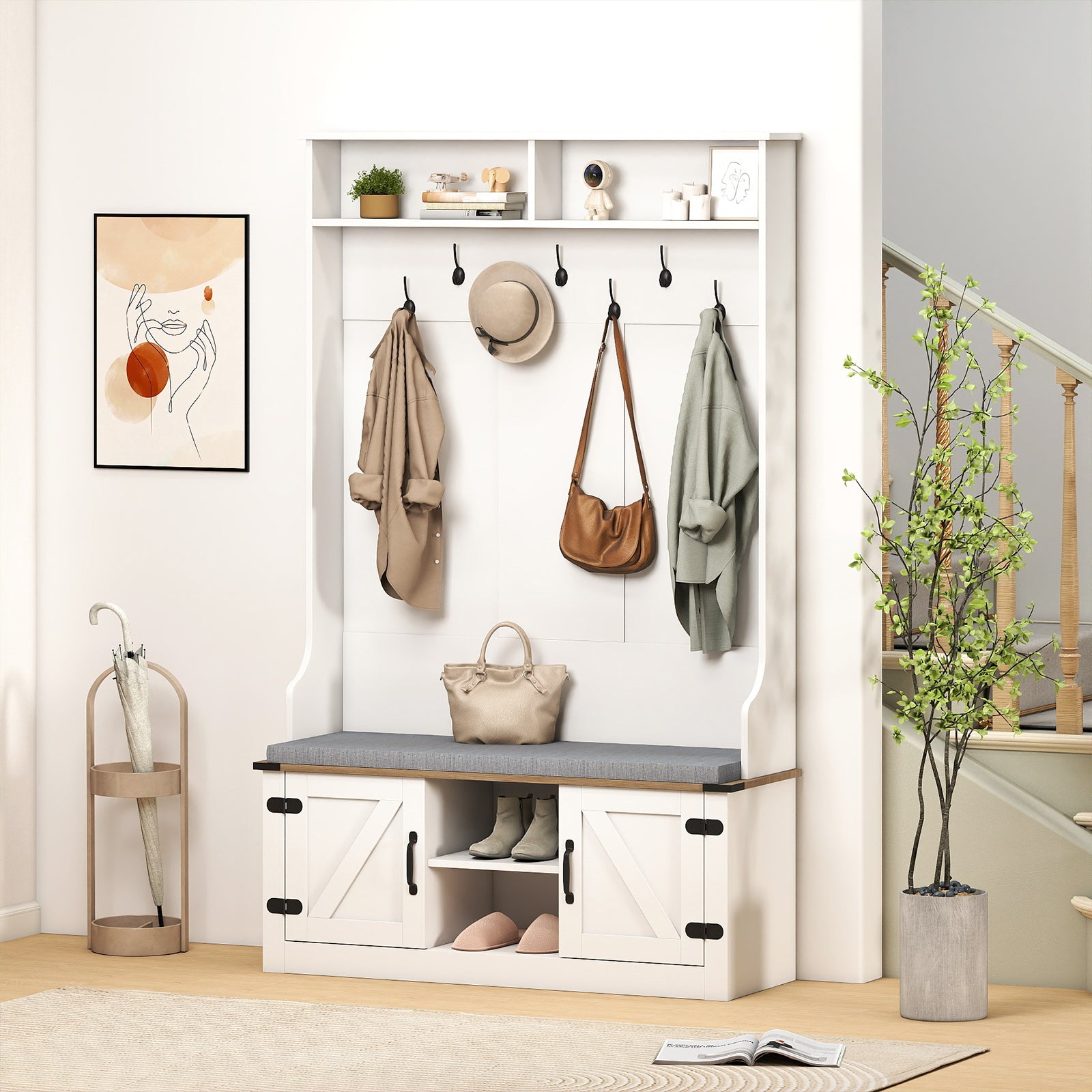 4-in-1 68.5 Inch Tall Coat Rack with Cushioned Bench and Shoe Storage-White