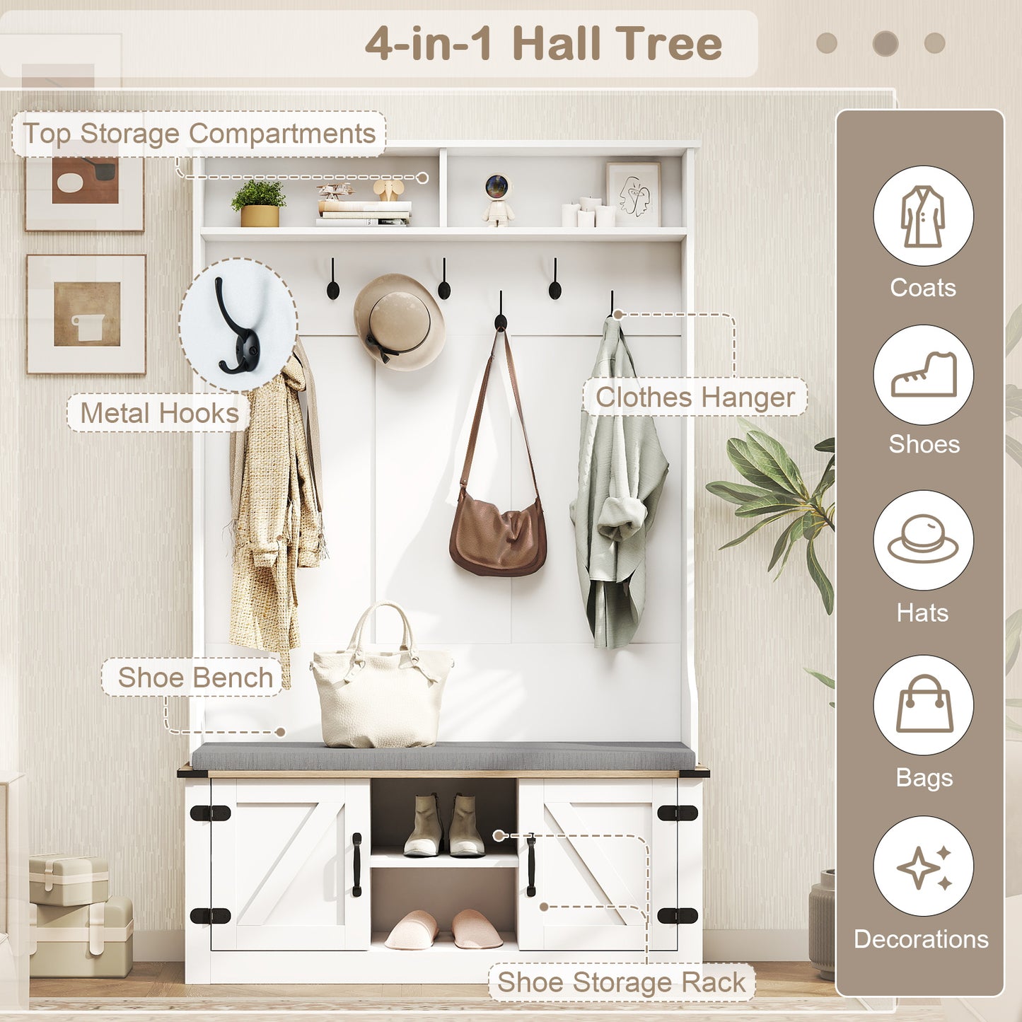 4-in-1 68.5 Inch Tall Coat Rack with Cushioned Bench and Shoe Storage-White