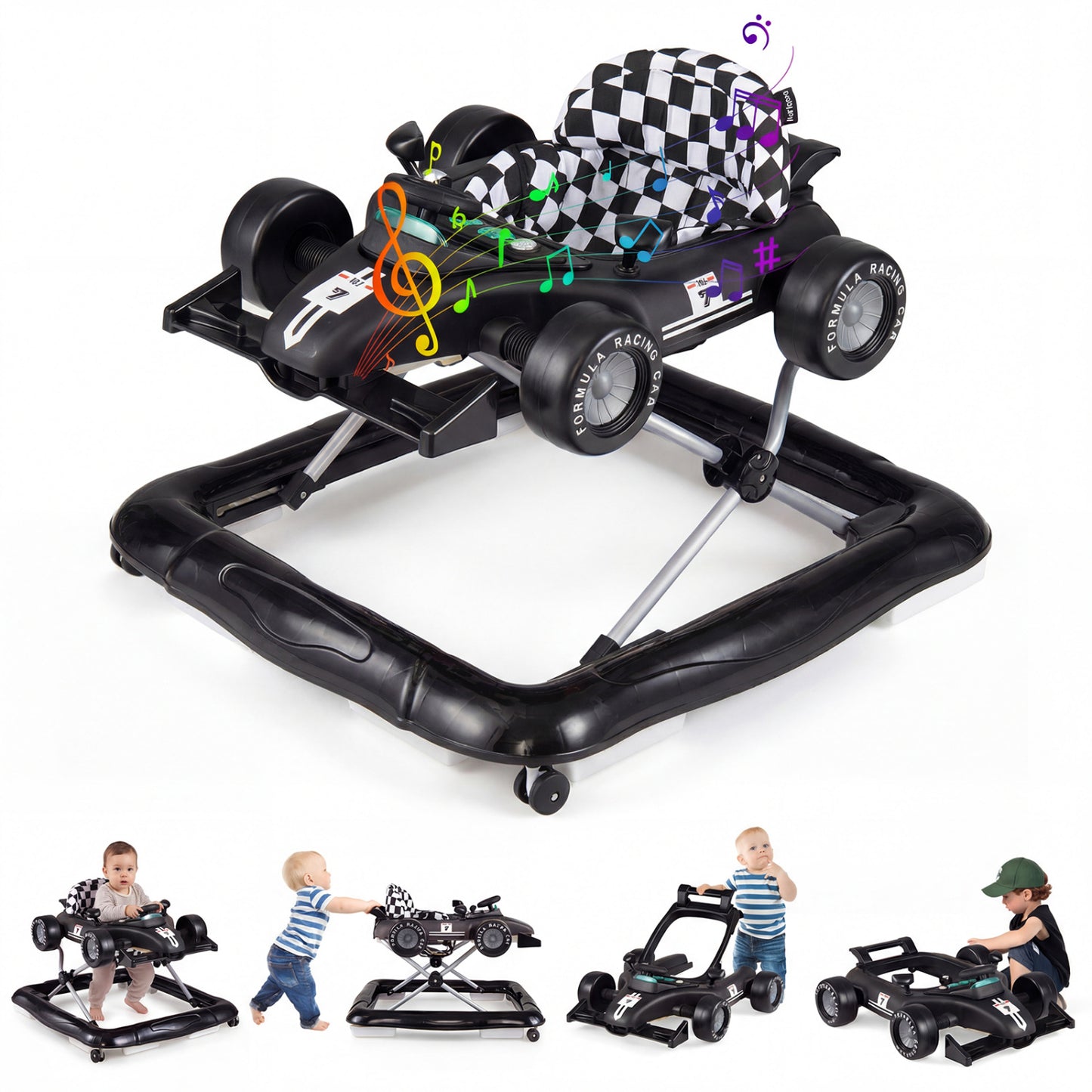 4-in-1 Baby Push Walker Activity Center Height Adjustable with Music Box-White - Black