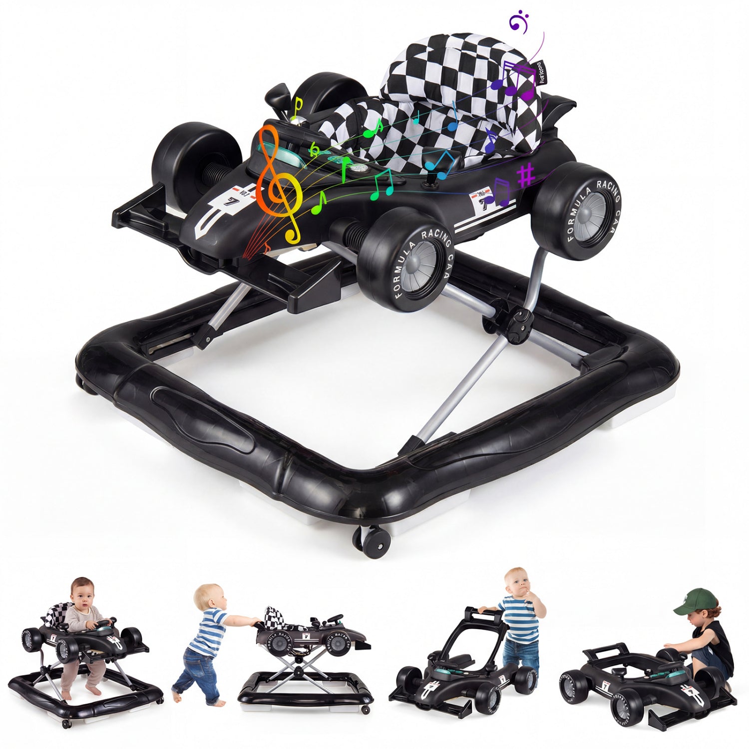 4-in-1 Baby Push Walker Activity Center Height Adjustable with Music Box-White - Black