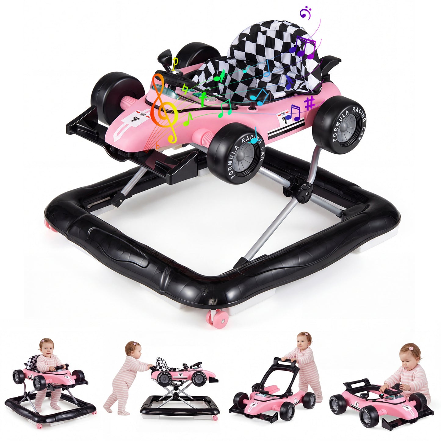 4-in-1 Baby Push Walker Activity Center Height Adjustable with Music Box-White - Pink
