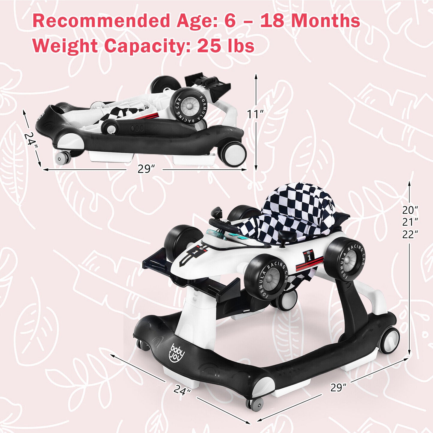 4-in-1 Foldable Activity Push Walker with Adjustable Height-Green - White