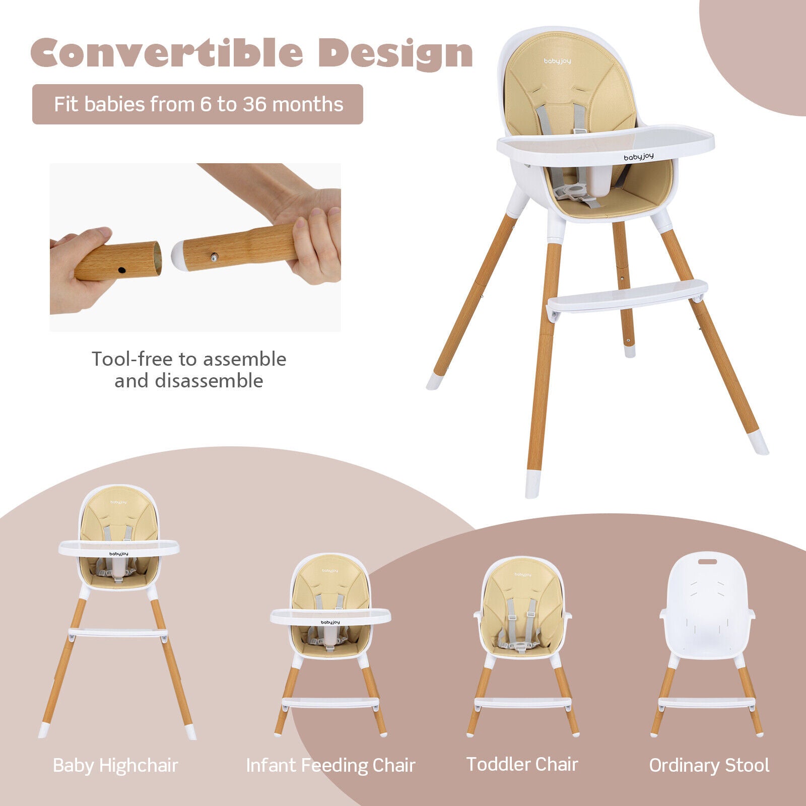 4-in-1 Convertible Baby High Chair Infant Feeding Chair with Adjustable Tray-Beige