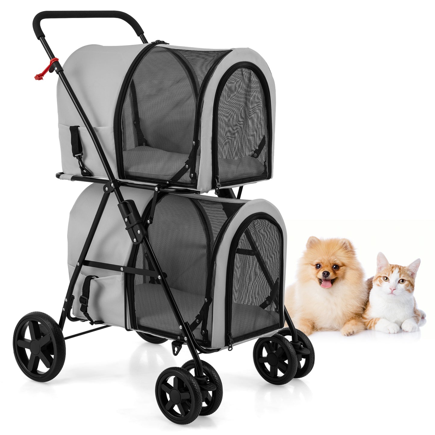 4-in-1 Double Pet Stroller with Detachable Carrier and Travel Carriage-Gray - Gray