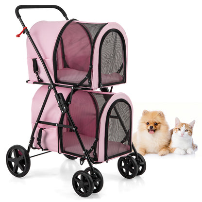 4-in-1 Double Pet Stroller with Detachable Carrier and Travel Carriage-Gray - Pink