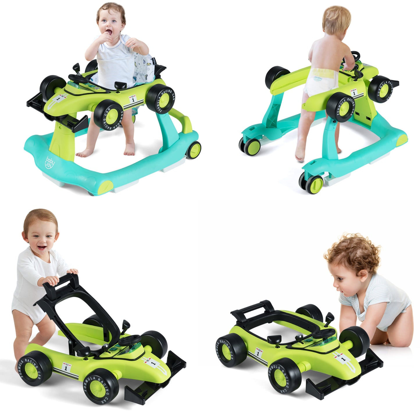 4-in-1 Foldable Activity Push Walker with Adjustable Height-Green - Green