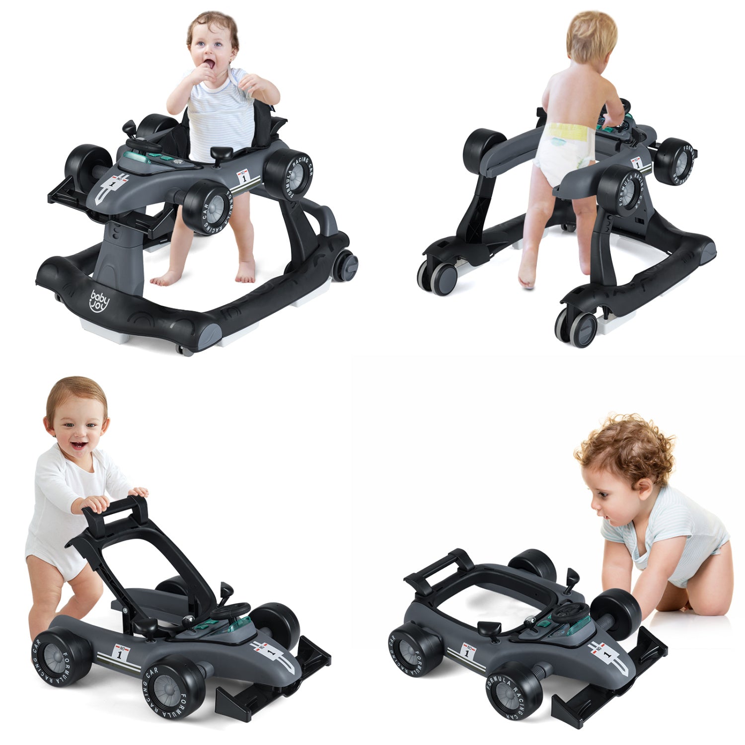 4-in-1 Foldable Activity Push Walker with Adjustable Height-Green - Gray