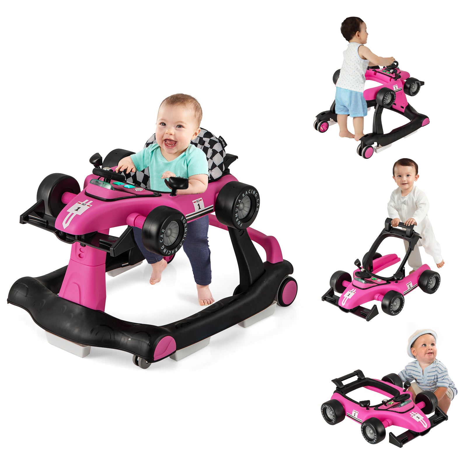 4-in-1 Foldable Activity Push Walker with Adjustable Height-Green - Pink