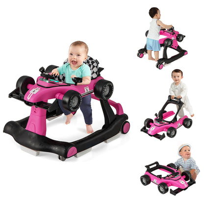 4-in-1 Foldable Activity Push Walker with Adjustable Height-Green - Pink