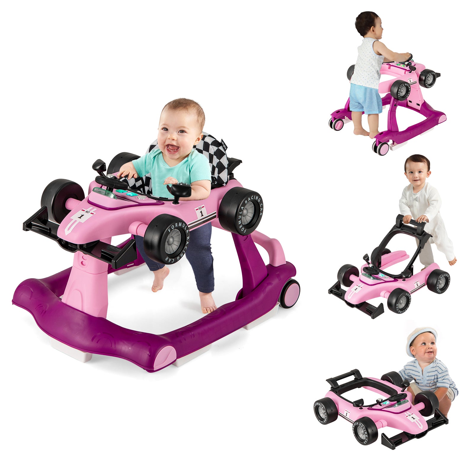 4-in-1 Foldable Activity Push Walker with Adjustable Height-Green - Purple