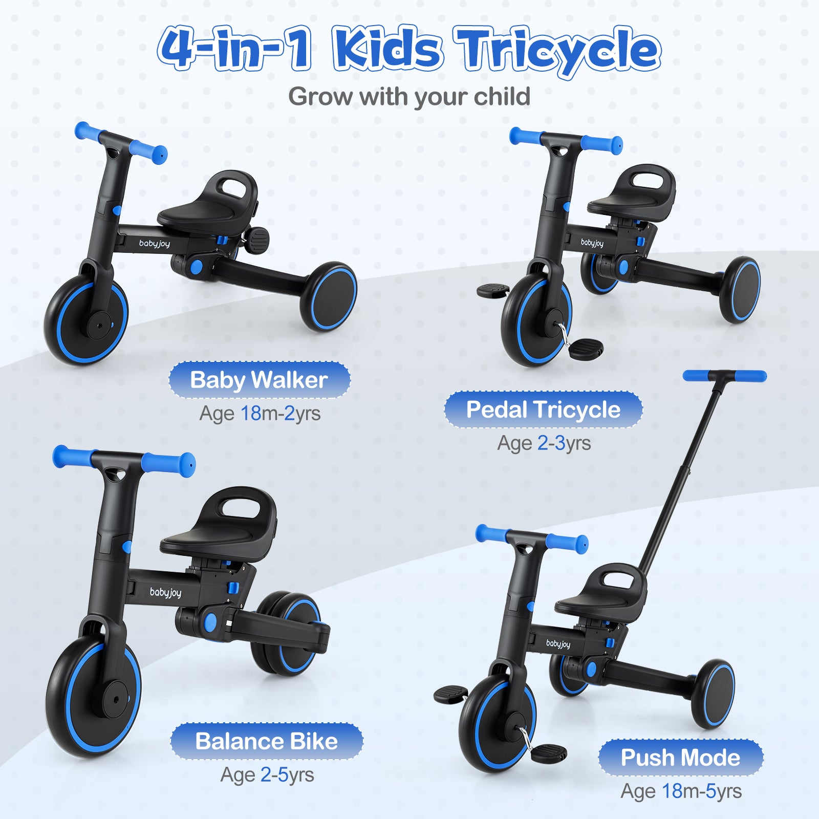 4-in-1 Foldable Toddler Tricycle with Push Handle with Adjustable Seat-Navy