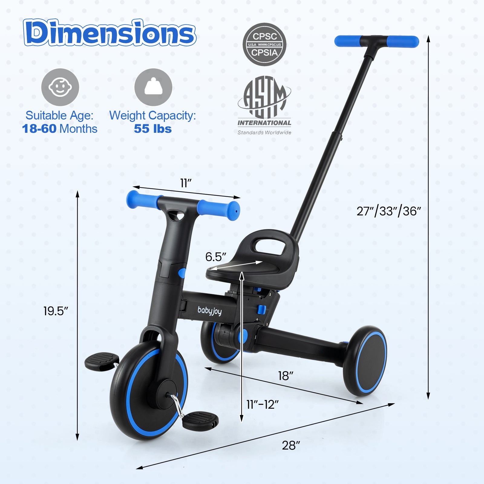 4-in-1 Foldable Toddler Tricycle with Push Handle with Adjustable Seat-Navy