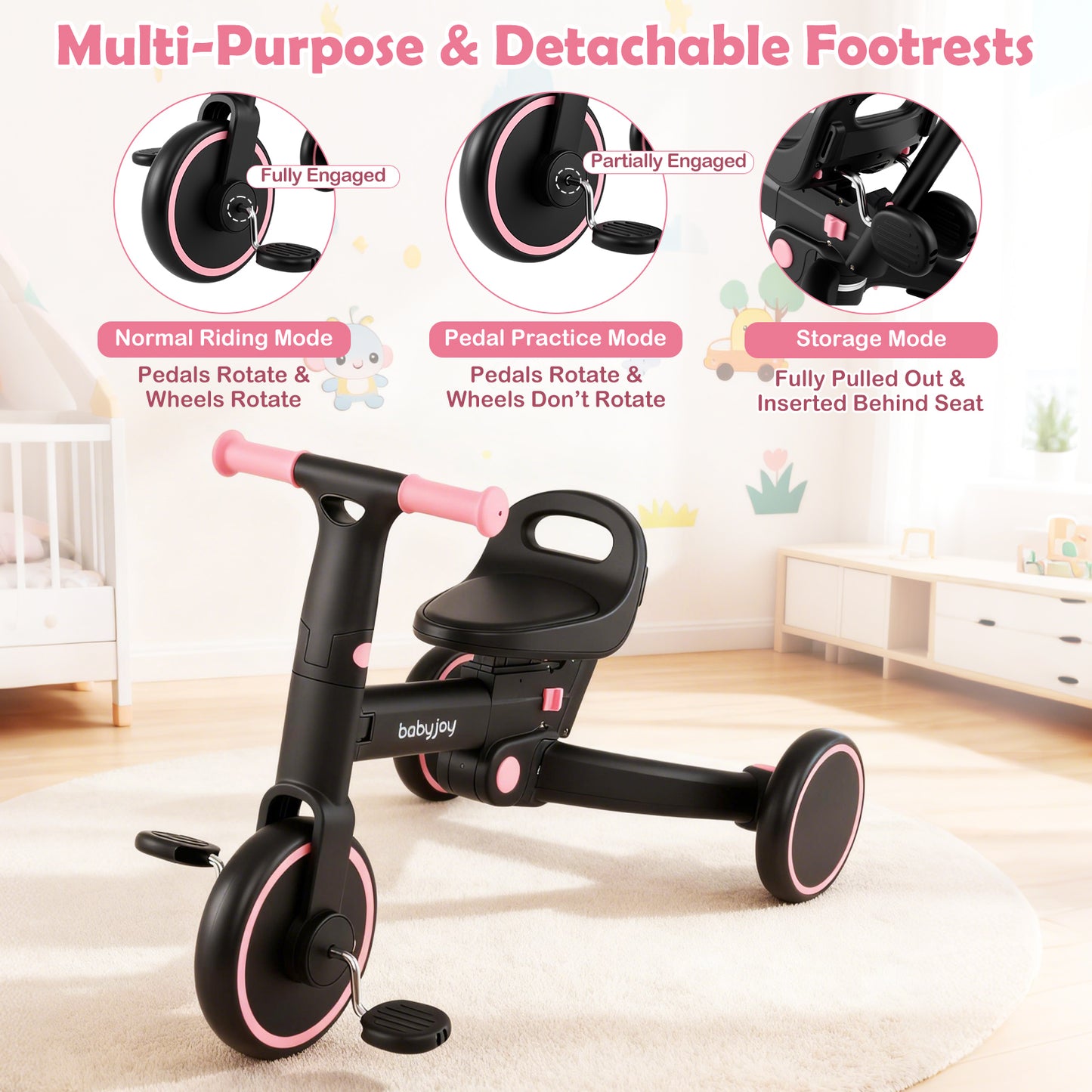 4-in-1 Foldable Toddler Tricycle with Push Handle with Adjustable Seat-Pink
